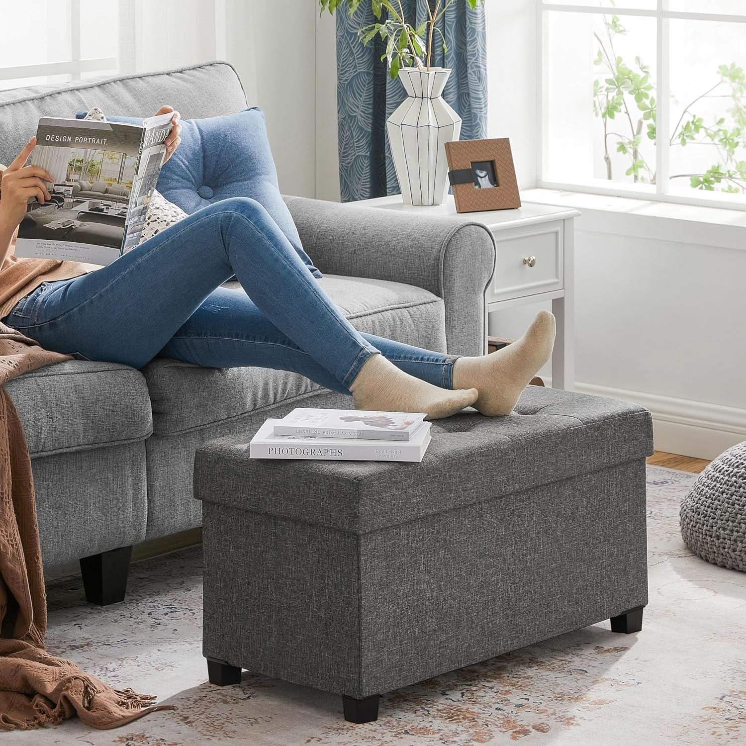 Slate Gray Storage Ottoman Bench 15x30x15.2 Inches