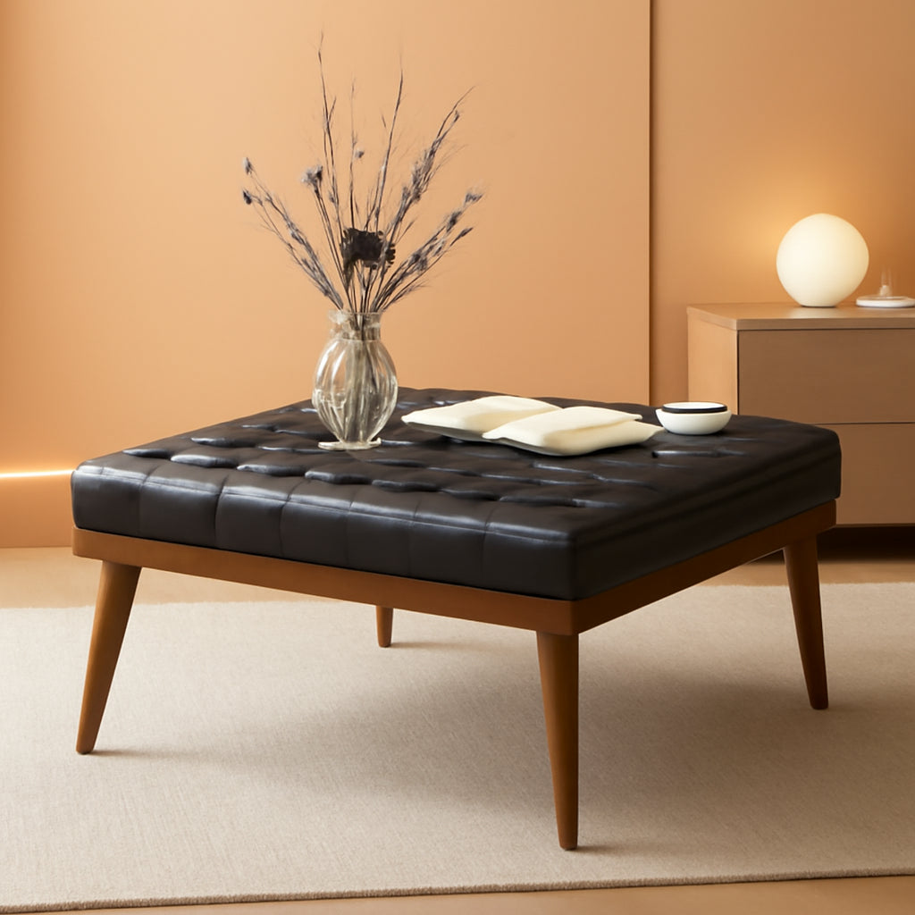 Mid Century Navy Genuine Leather Tufted Coffee Table