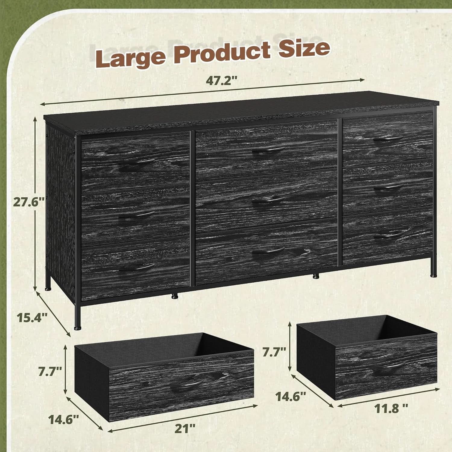 Dresser TV Stand for 60 Inch TV, 9 Drawer, Charcoal Black