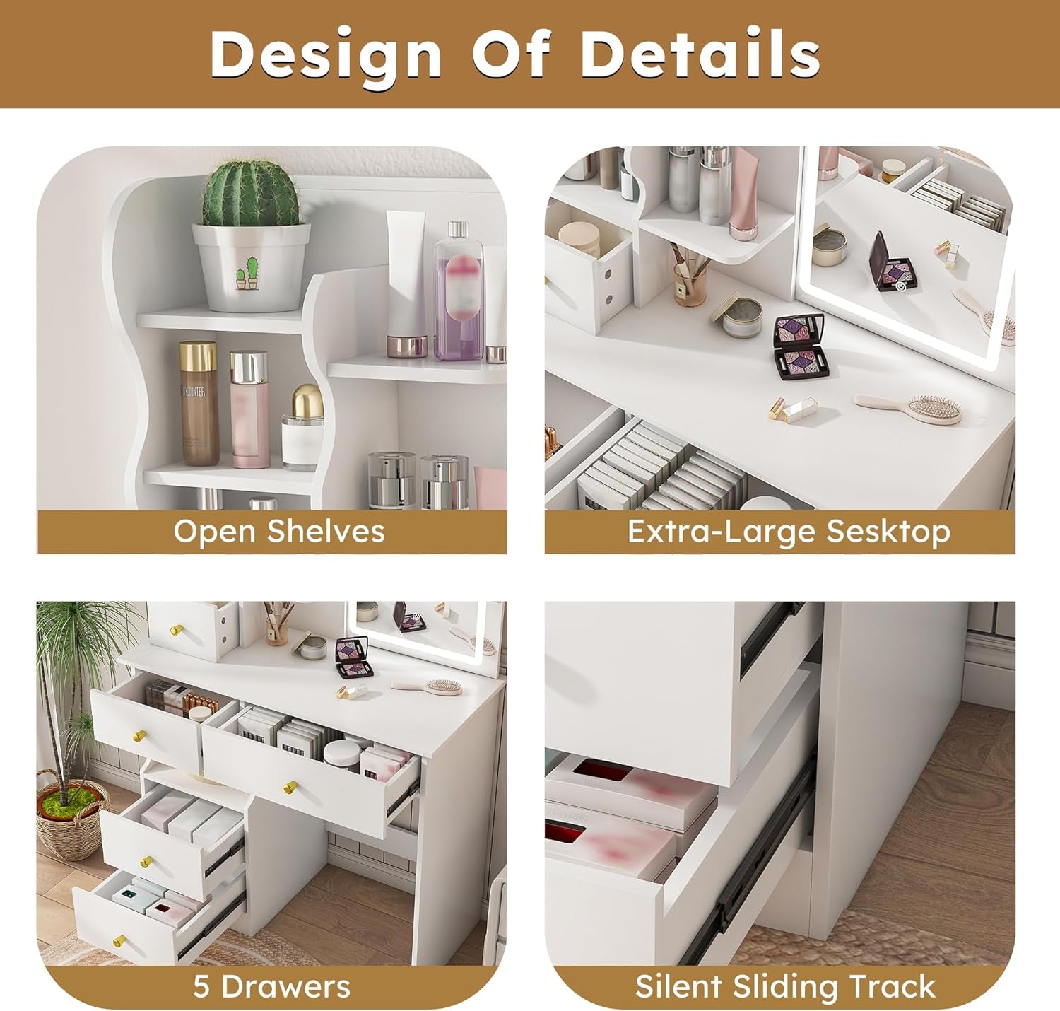 White Cosmetic Vanity Dressing Table 31.5 Inch Hidden Mirror