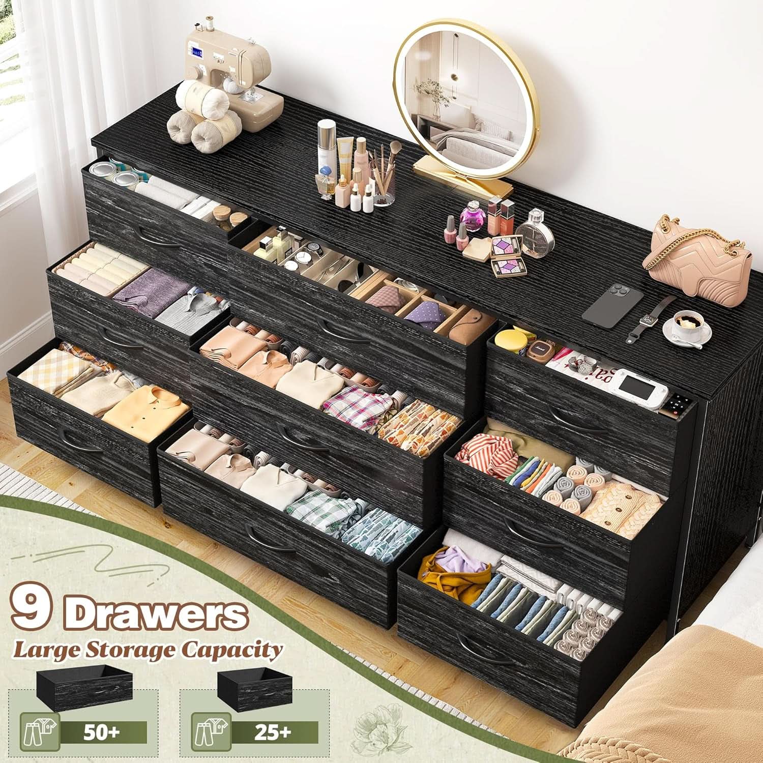 Dresser TV Stand for 60 Inch TV, 9 Drawer, Charcoal Black