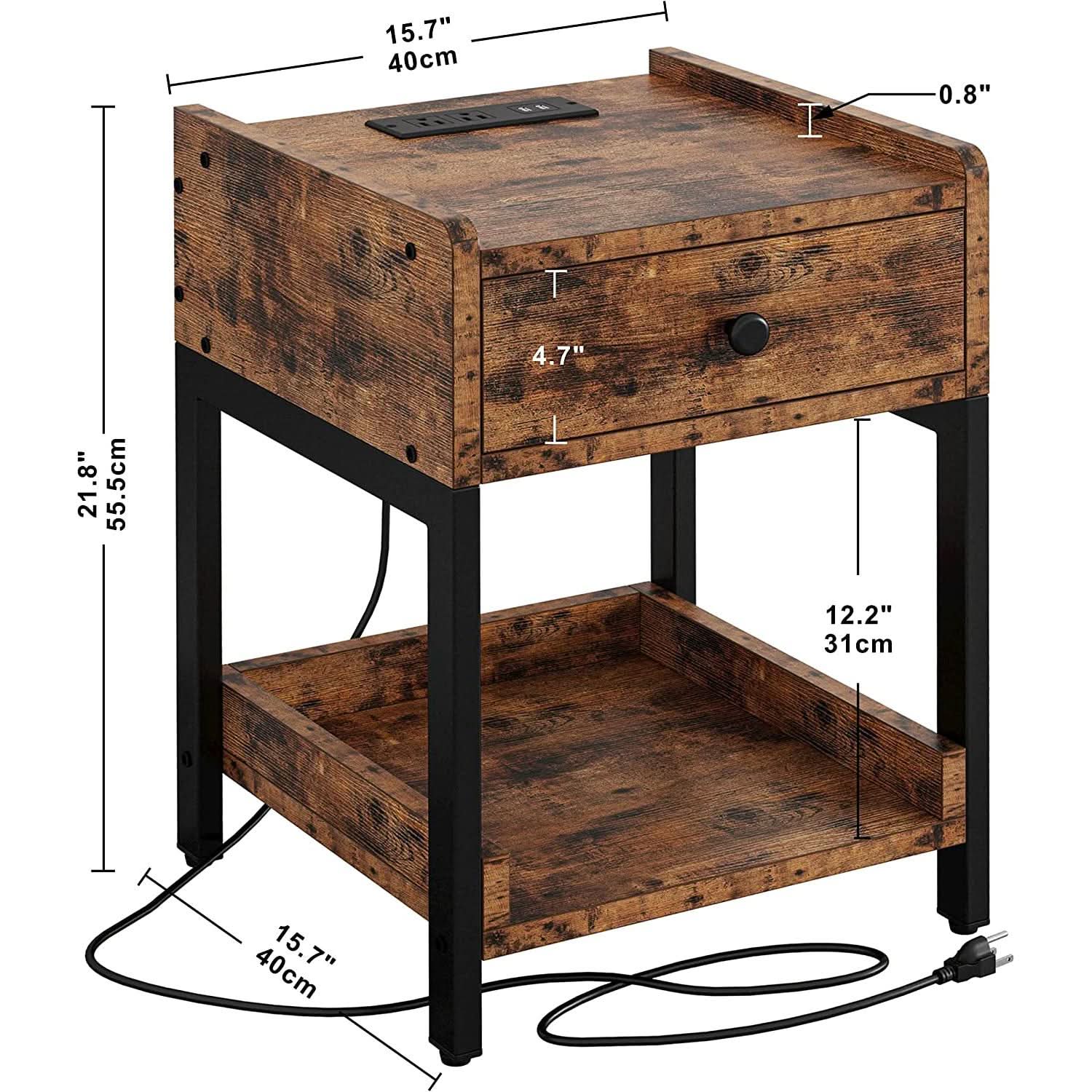 Bedside Table With Charging Station In Vintage Brown
