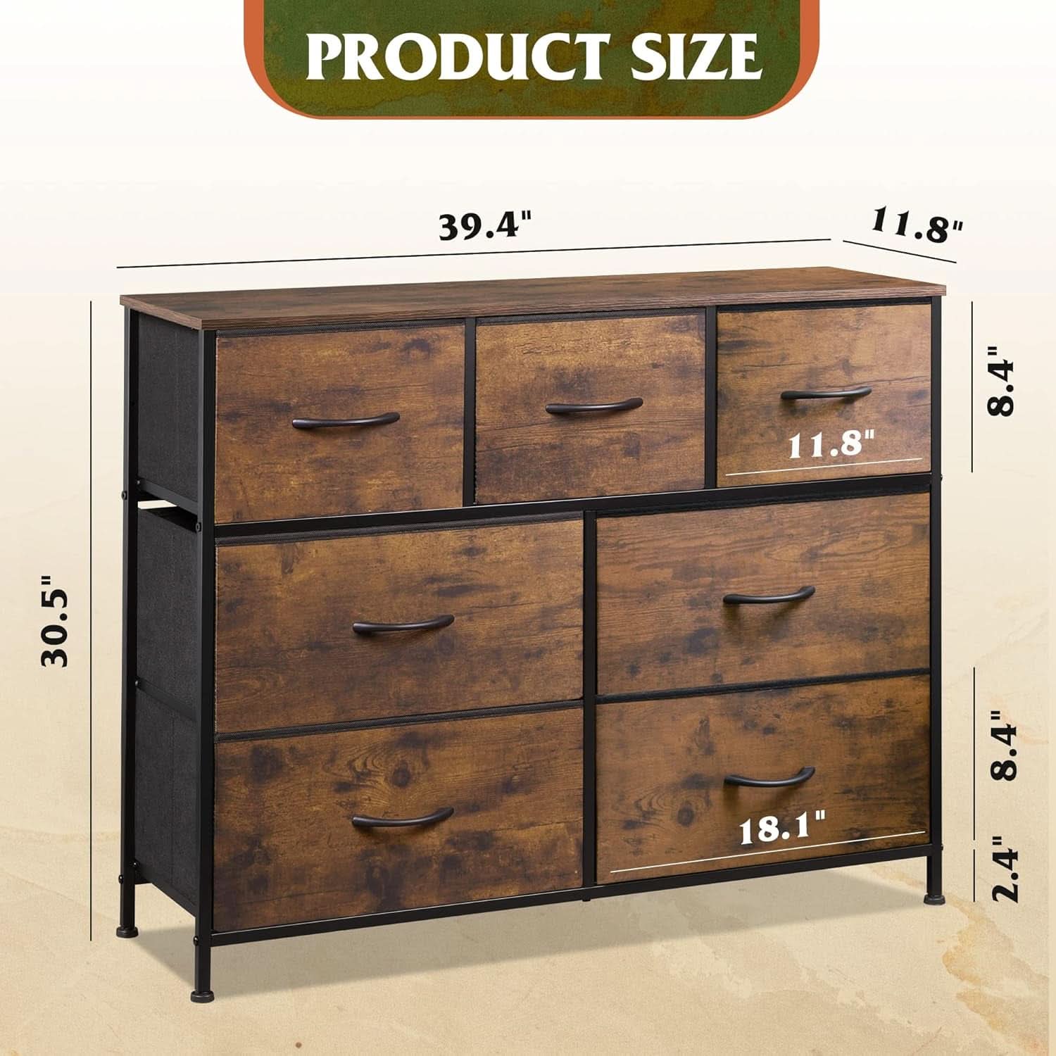 Rustic Fabric Dresser TV Stand With Wood Top And Metal Frame