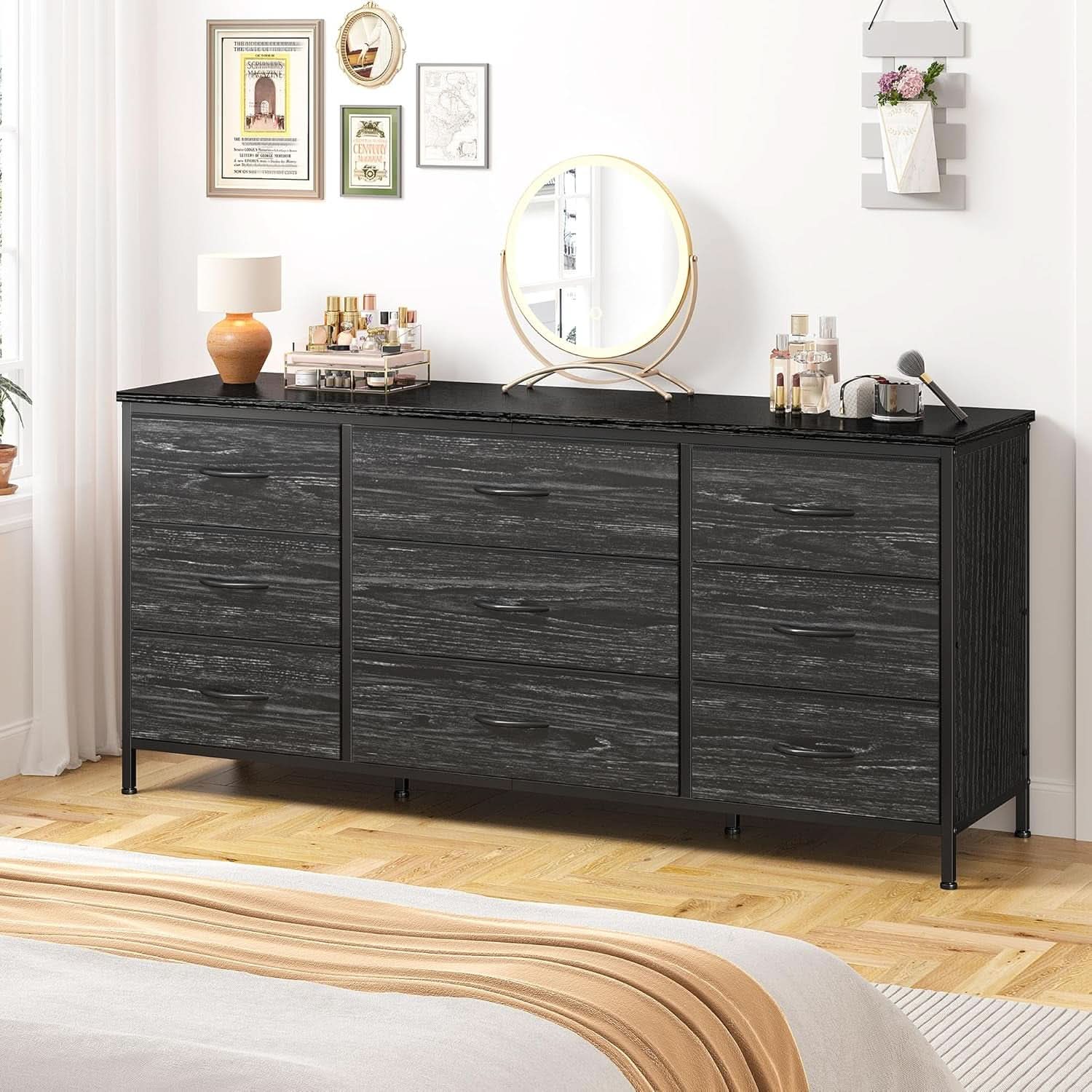 Dresser TV Stand for 60 Inch TV, 9 Drawer, Charcoal Black