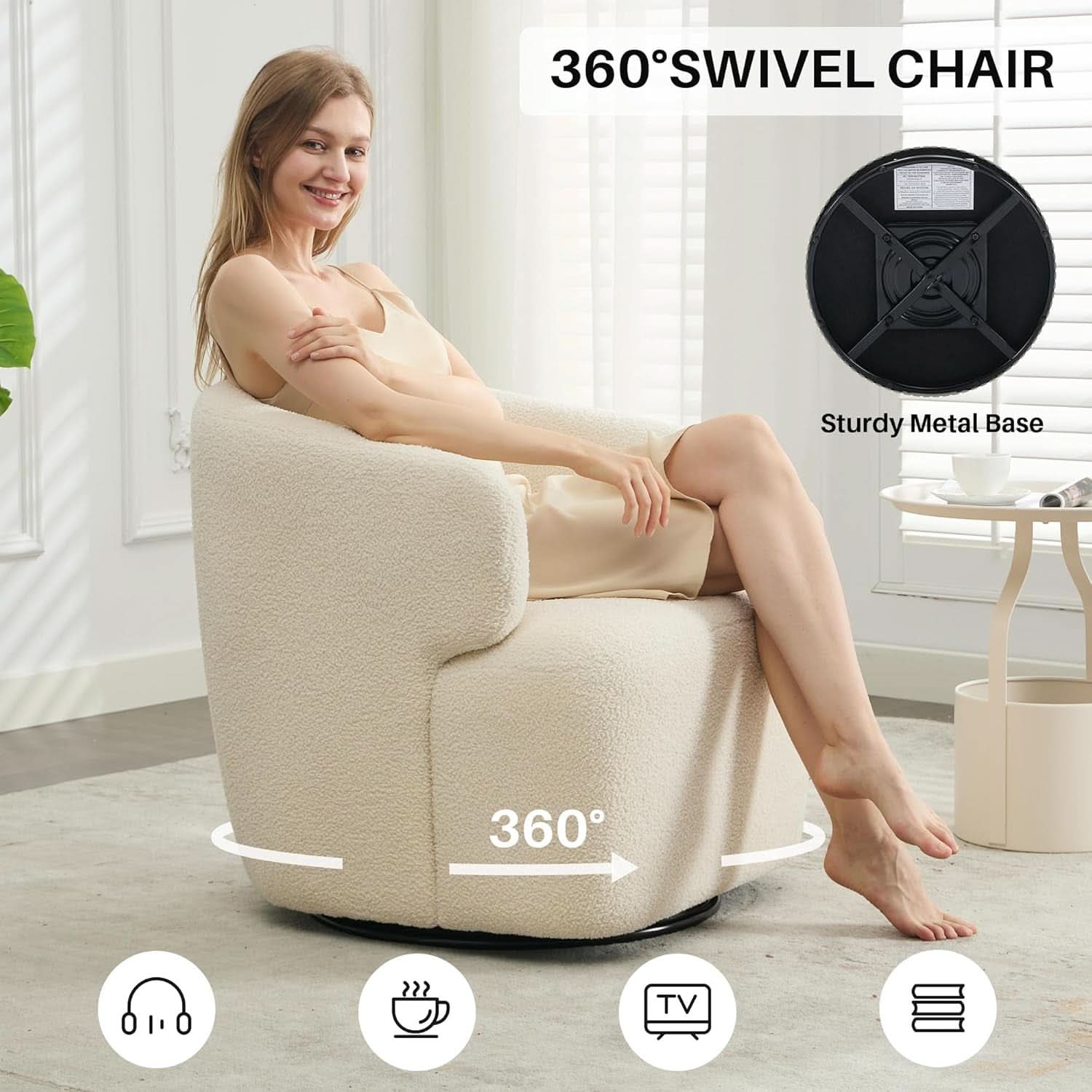 Beige Sherpa Boucle Swivel Barrel Chair Deluxe Premium