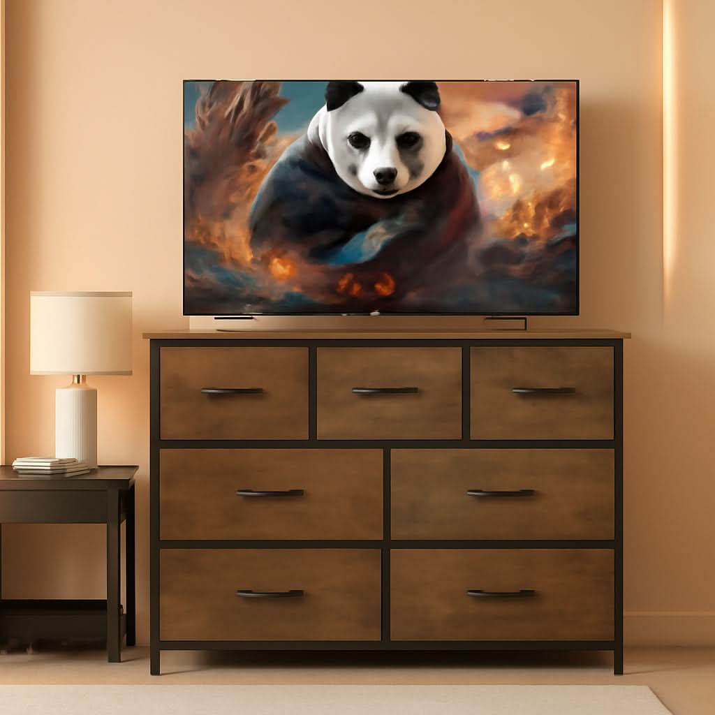 Rustic Fabric Dresser TV Stand With Wood Top And Metal Frame