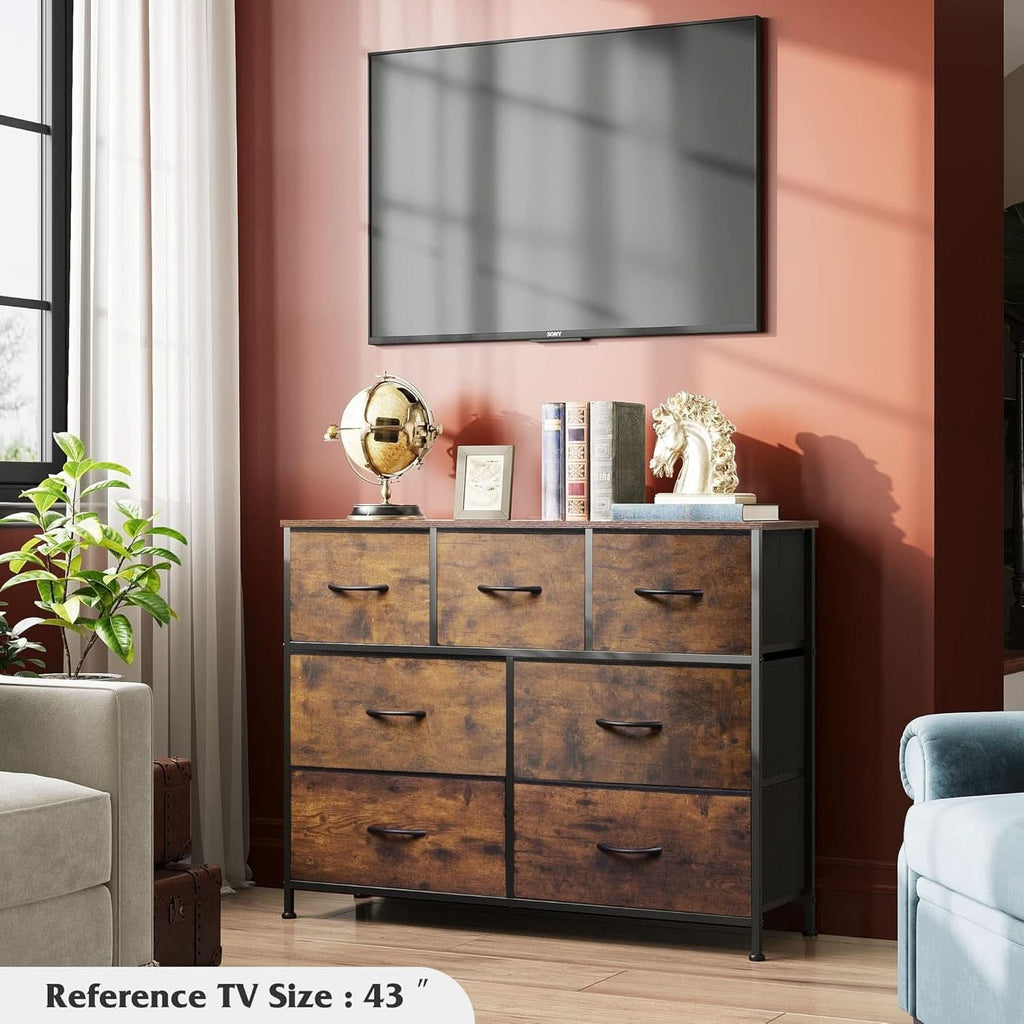 Rustic Fabric Dresser TV Stand With Wood Top And Metal Frame
