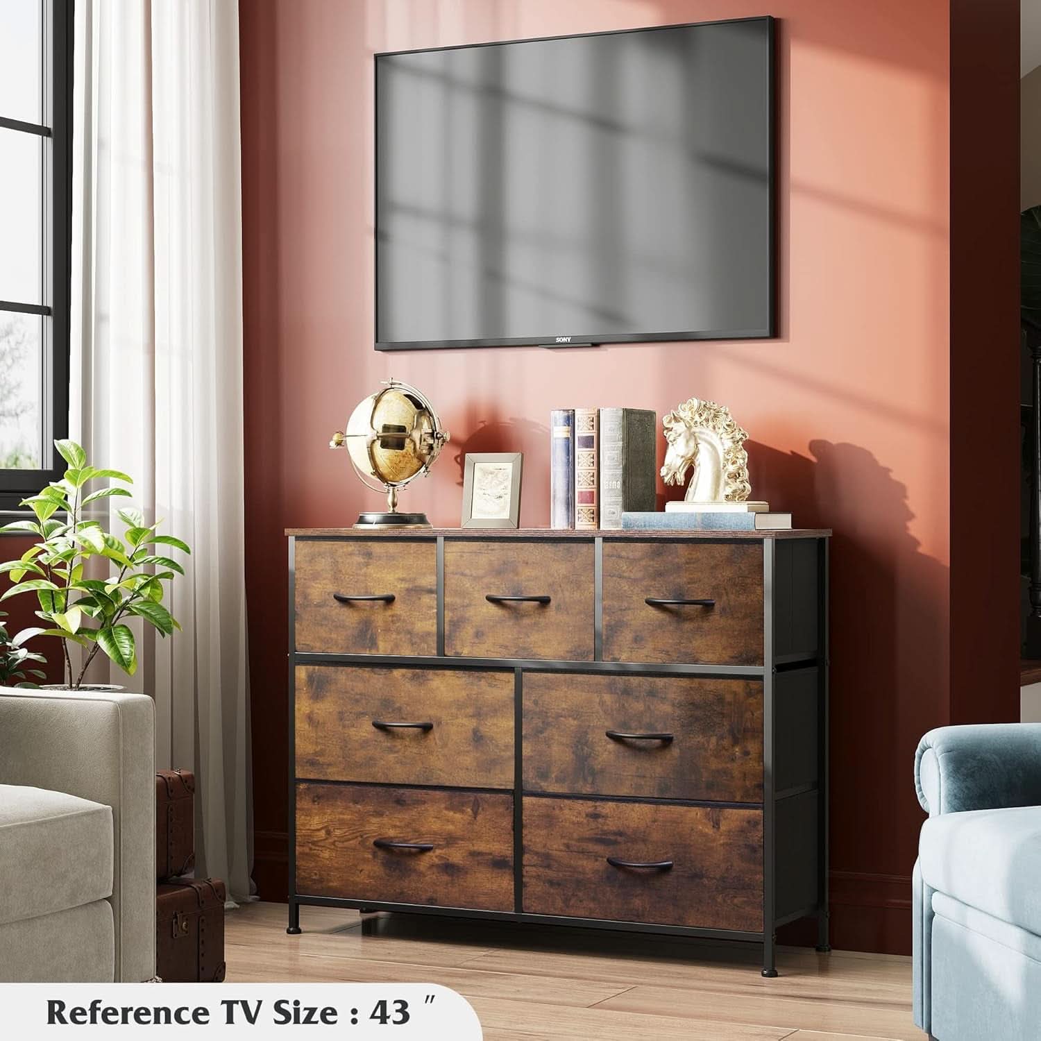 Rustic Fabric Dresser TV Stand With Wood Top And Metal Frame
