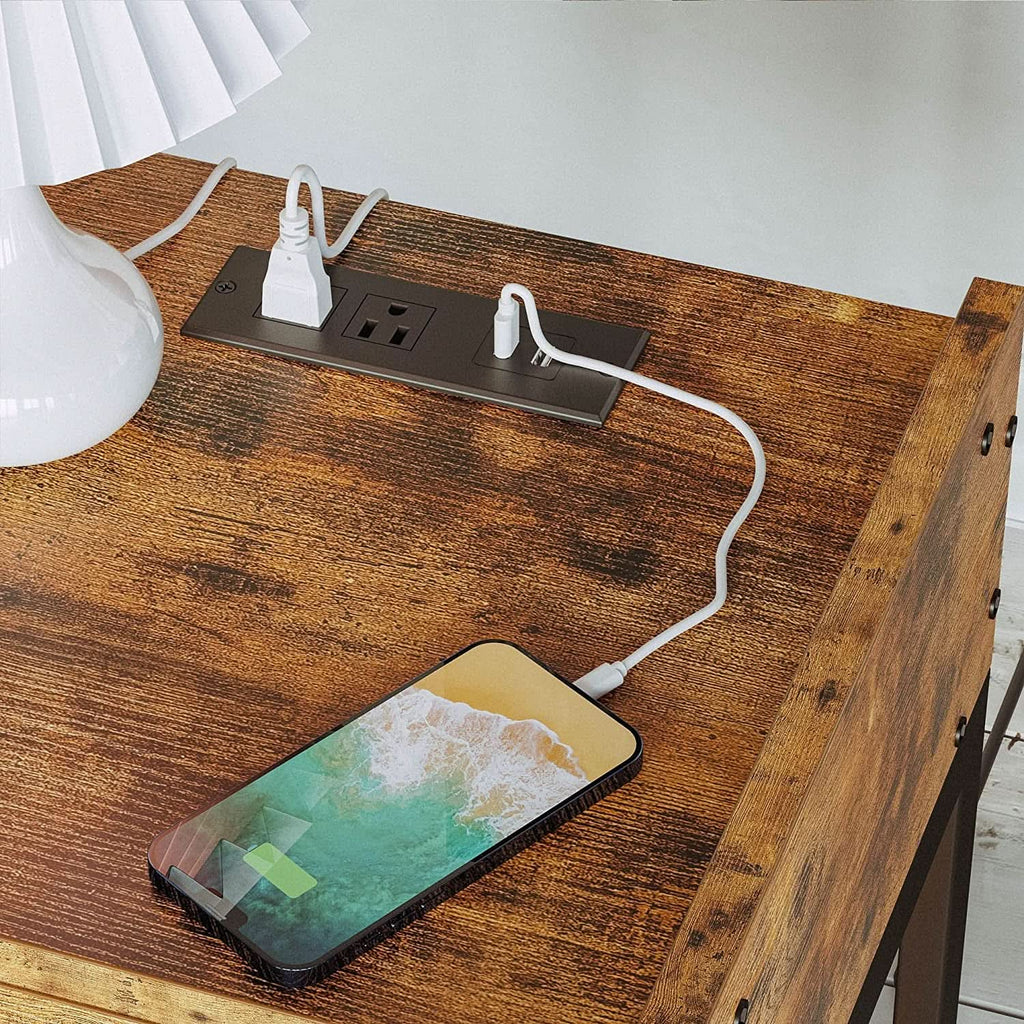 Bedside Table With Charging Station In Vintage Brown