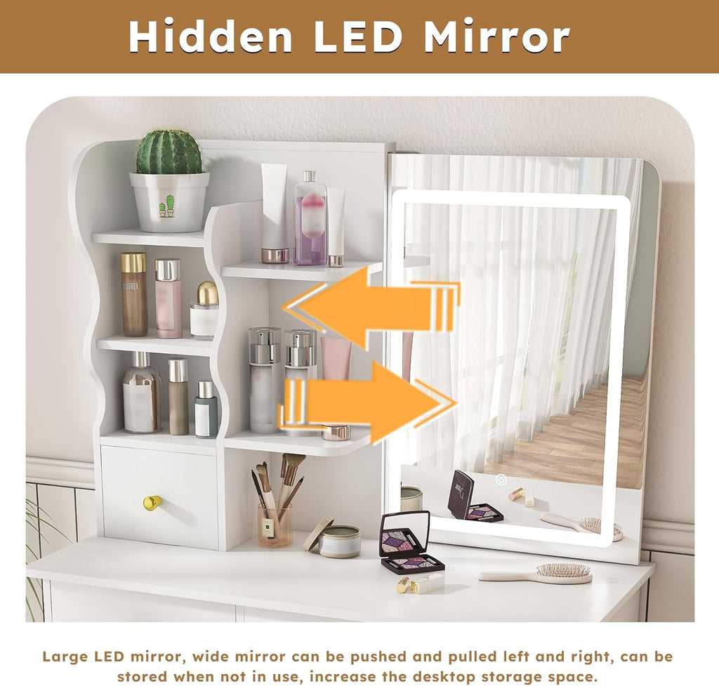 White Cosmetic Vanity Dressing Table 31.5 Inch Hidden Mirror