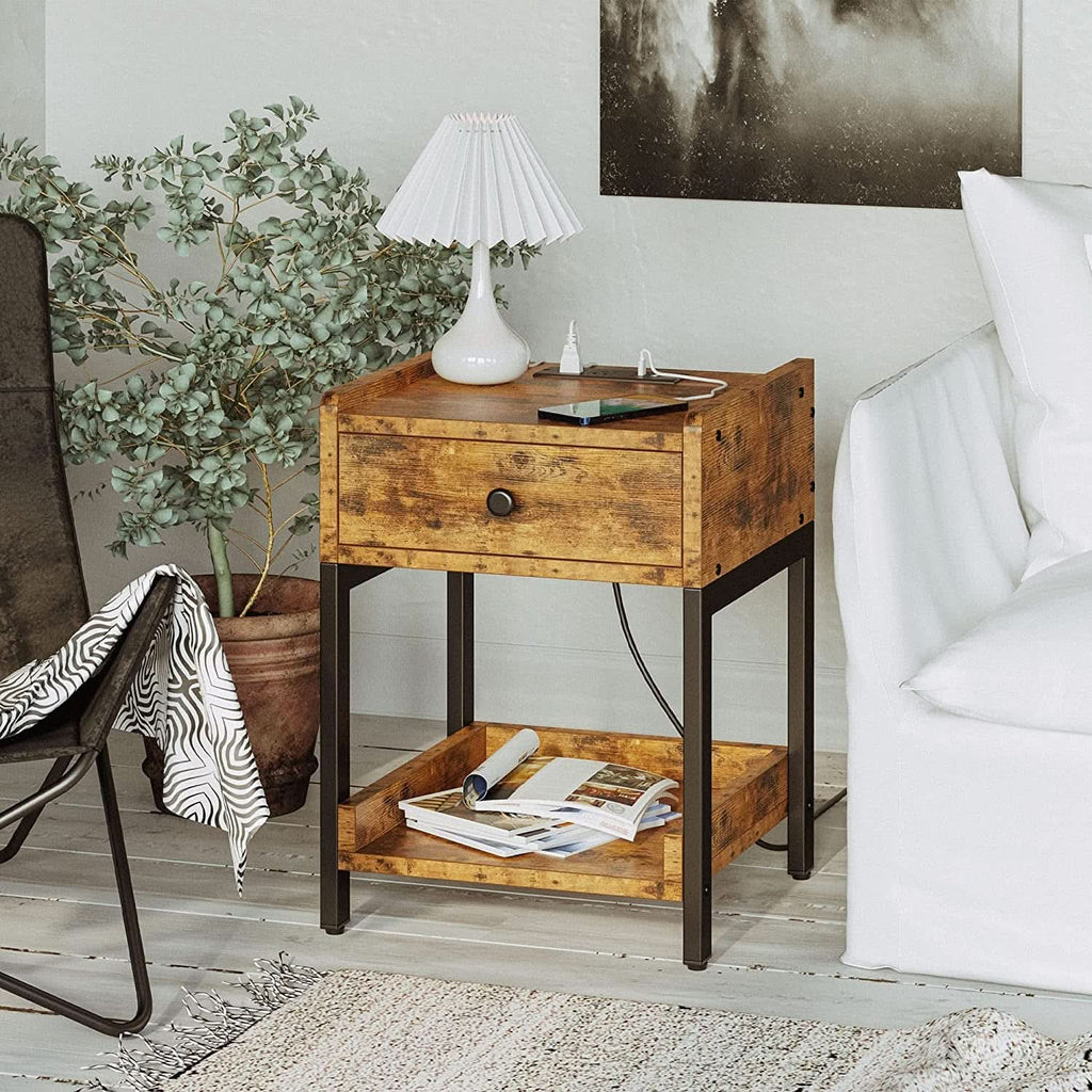 Bedside Table With Charging Station In Vintage Brown
