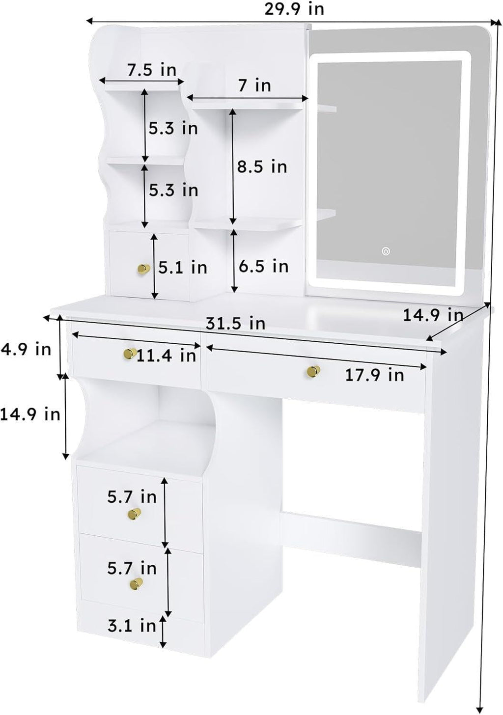 White Cosmetic Vanity Dressing Table 31.5 Inch Hidden Mirror