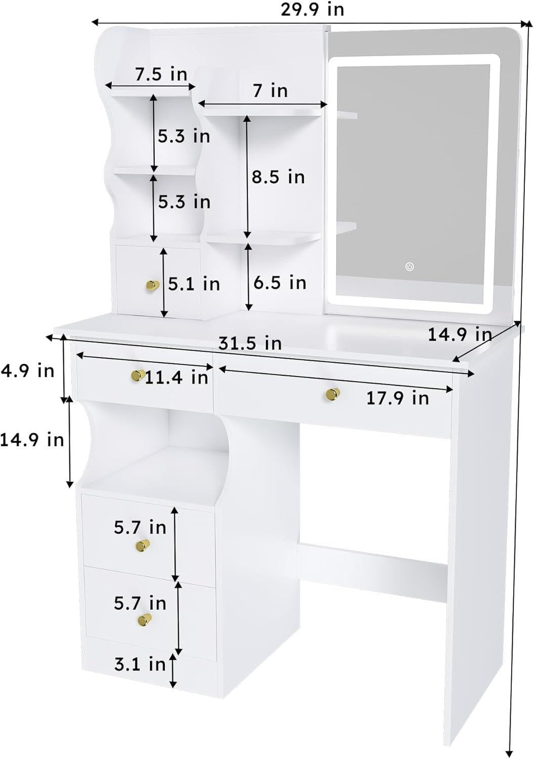 White Cosmetic Vanity Dressing Table 31.5 Inch Hidden Mirror