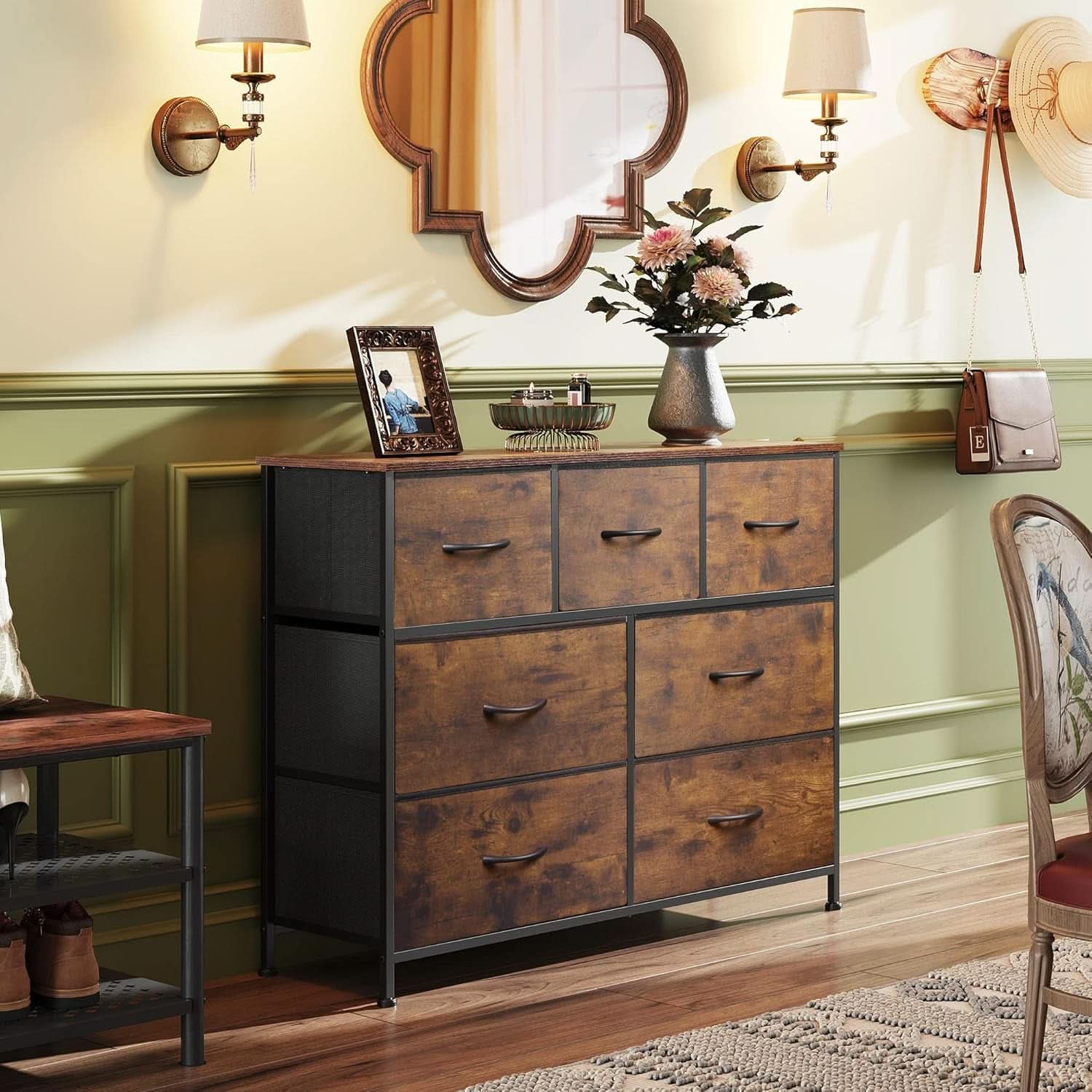 Rustic Fabric Dresser TV Stand With Wood Top And Metal Frame