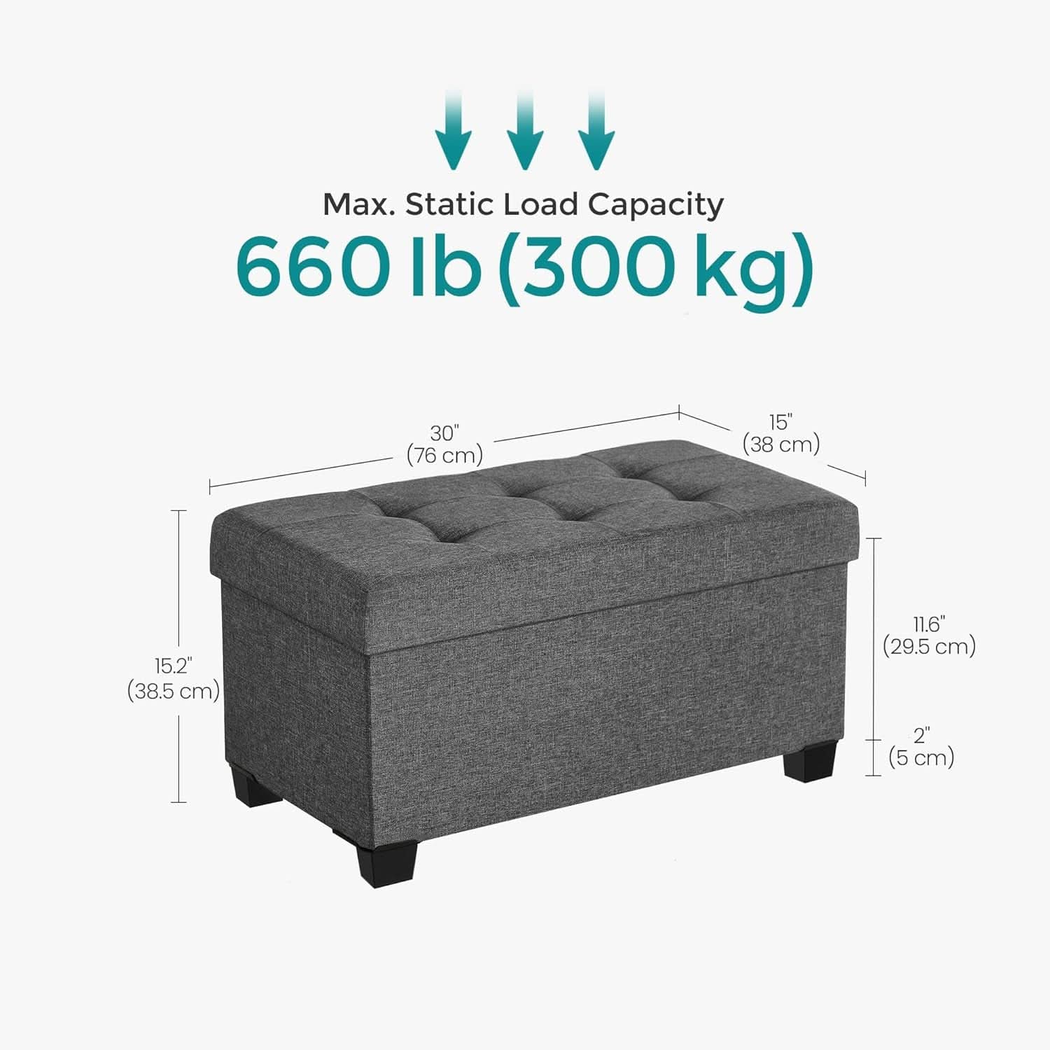 Slate Gray Storage Ottoman Bench 15x30x15.2 Inches