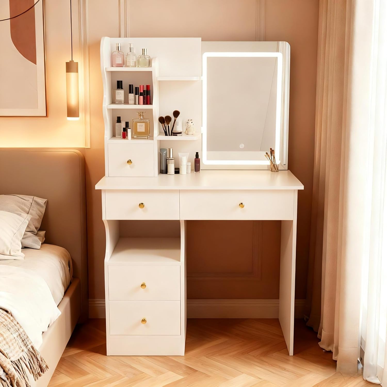 White Cosmetic Vanity Dressing Table 31.5 Inch Hidden Mirror